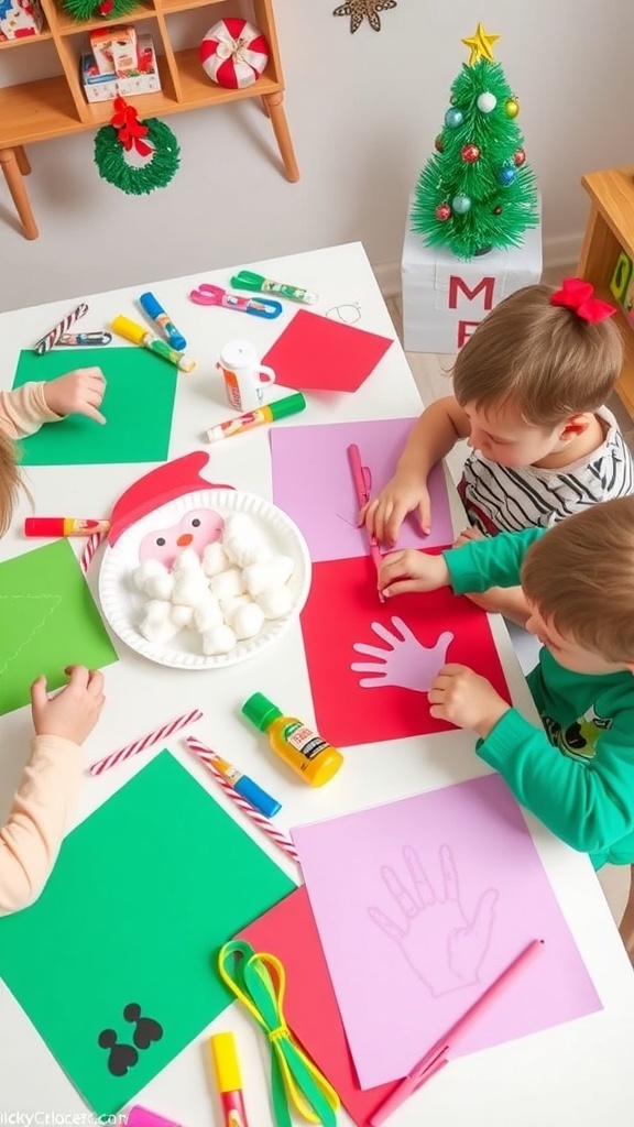 Toddlers making Christmas crafts with paper plates, construction paper, and decorations.